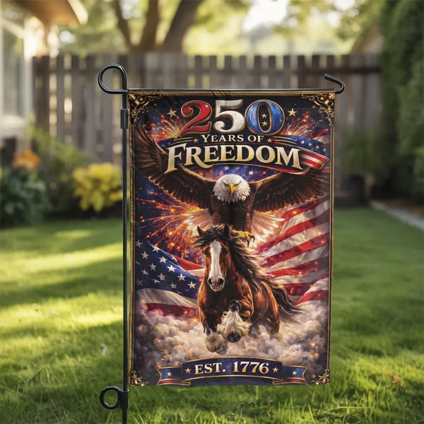 Patriotic Eagle Horse Garden Flag | 250 Years of Freedom Americana Art | Double-Sided Weather-Resistant Polyester | Gift for Americana Collectors