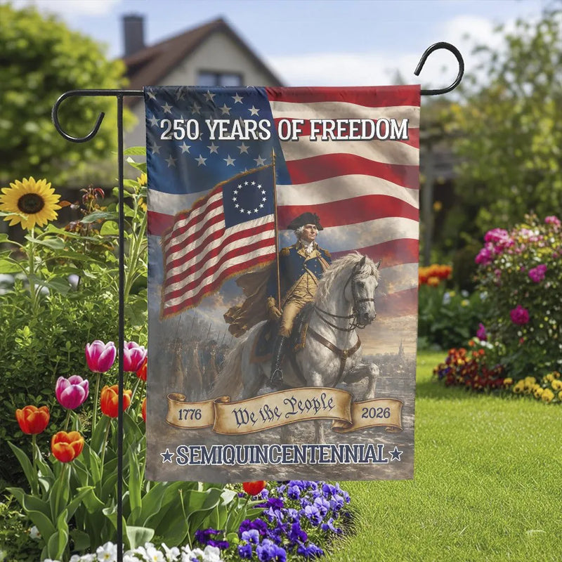 George Washington Garden Flag | 250 Years of Freedom Semiquincentennial Art | Double-Sided Weather-Resistant Polyester | Patriotic Gift for History Lovers