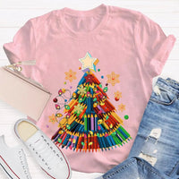 Crayon Christmas Tree Shirt, Art Teacher Christmas T-Shirt, Colorful Art Educator Holiday Graphic Tee, Snowflakes Lights Teacher Present