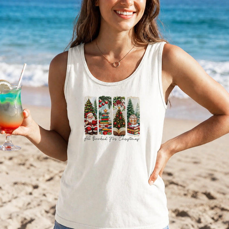Bookish Christmas Tank, All Booked for Christmas Tank Top, Holiday Book Lover Sleeveless Tee, Christmas Tree Santa Tank, Bookworm Xmas Present