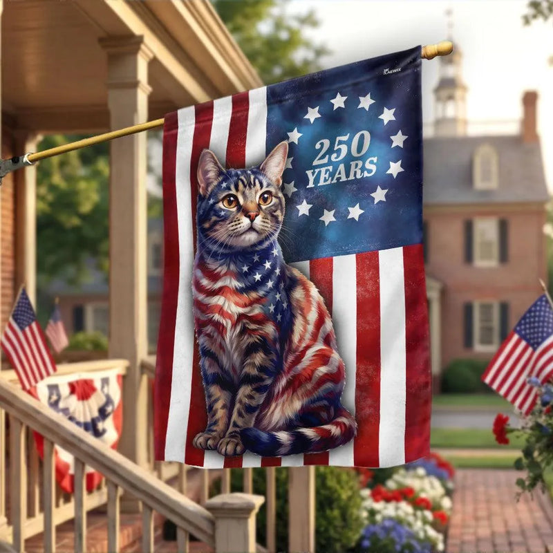 Patriotic Cat Garden Flag | 250 Years Betsy Ross Design | Double-Sided Polyester | Cat Lover Gift for Outdoor Decor