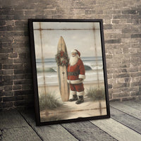 Christmas Wreath Surfer Santa Canvas Print, Surfing Santa Coastal Wall Art, Holiday Beach House Decor, Tropical Christmas Canvas Art