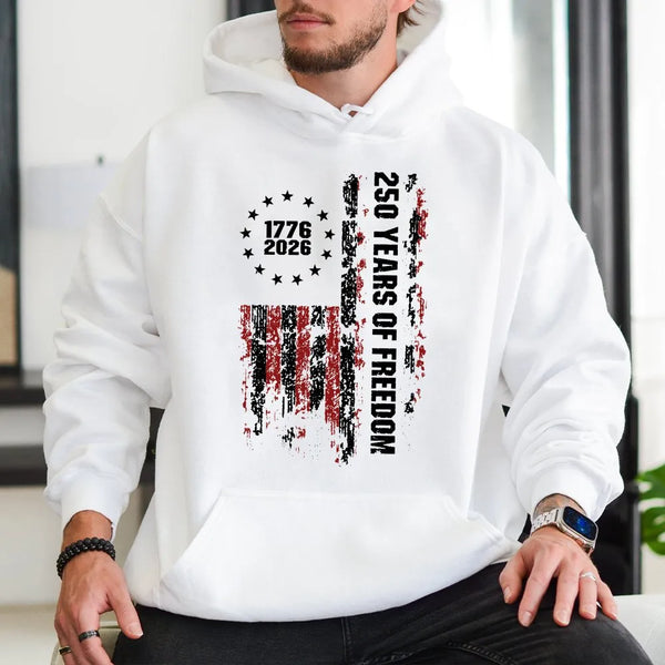 250 Years of Freedom Hoodie | 1776-2026 Distressed American Flag Design | Premium Cotton-Polyester Blend | Patriotic Gift for History Lovers
