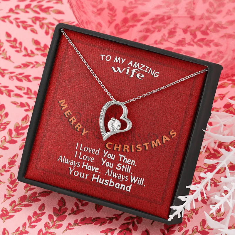 White Gold Heart Pendant, Wife Forever Love Heart Necklace, Sparkling Cubic Zirconia Heart Necklace, Christmas Anniversary Present from Husband