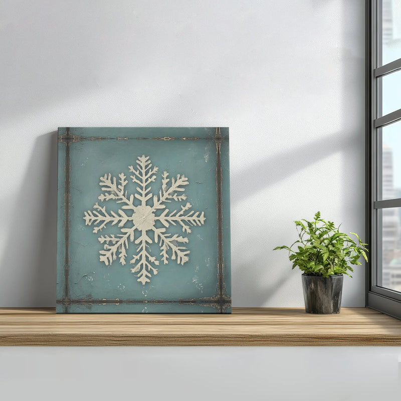Vintage Teal Snowflake Canvas Print, Rustic Snowflake Canvas Wall Art, Winter Snowflake Poster, Farmhouse Christmas Art Digital Download