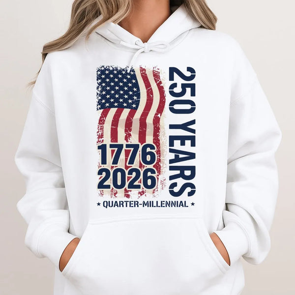 America 250 Years Hoodie | Vintage Distressed USA Flag 1776-2026 Quarter-Millennial Design | Soft Cotton-Polyester Blend | Gift for American History Fans