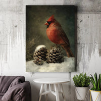 Snowy Pinecone Winter Canvas Print, Red Cardinal Canvas Wall Art, Rustic Bird Nature Art Canvas, Christmas Holiday Wall Decor