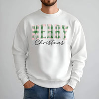 Green Buffalo Plaid Holiday Sweater, Merry Christmas Sweatshirt, Vintage Xmas Lettering Crewneck, Family Winter Pullover