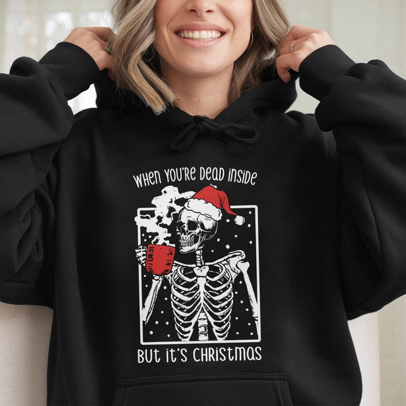 Dead Inside Coffee Holiday Sweatshirt, Skeleton Christmas Hoodie, Humorous Dark Humor Xmas Pullover, Skeleton Coffee Hoodie, Holiday Goth Present