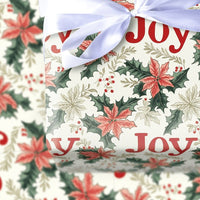 Botanical Holly Holiday Gift Wrap, Joy Poinsettia Christmas Wrapping Paper, Floral Christmas Wrapping Paper, Festive Present Packaging