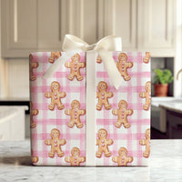 Watercolor Holiday Cookie Gift Wrap, Pink Gingham Gingerbread Man Wrapping Paper, Adorable Christmas Wrapping Paper, Sweet Present Packaging