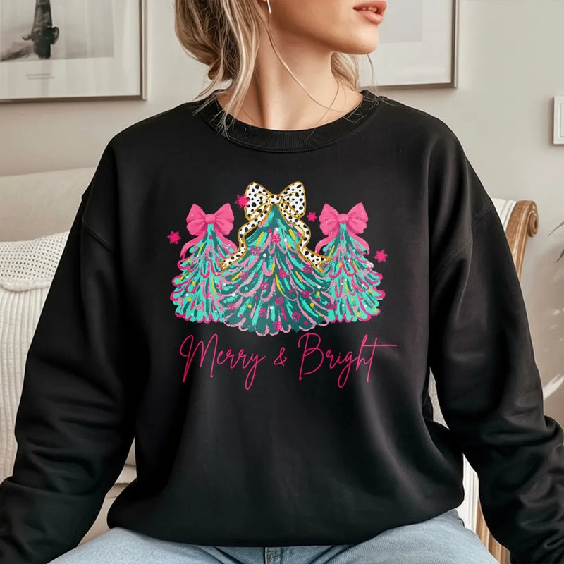Leopard Bow Christmas Crewneck, Merry & Bright Christmas Tree Sweatshirt, Preppy Holiday Christmas Pullover, Winter Sweater, Xmas Present