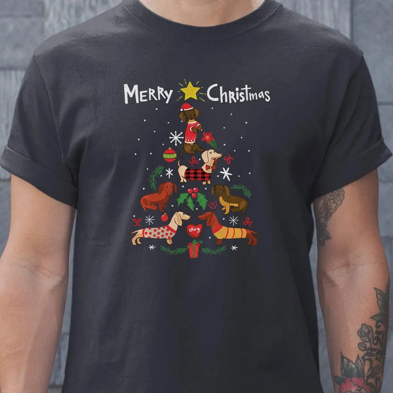 Humorous Holiday Dachshund Graphic Tee, Dachshund Christmas Tree T-Shirt, Adorable Wiener Dog Christmas Shirt, Retro Dachshund Xmas Shirt, Dog Present