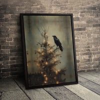 Dark Academia Raven Holiday Wall Art, Gothic Crow Christmas Tree Poster, Moody Victorian Xmas Art Print, Spooky Digital Download
