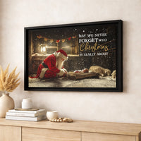 Nativity Scene Religious Christmas Wall Art, Santa Kneeling at Manger Canvas, Christian Holiday Canvas, Digital Download Present