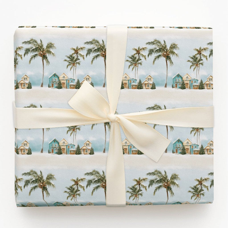 Coastal Holiday Gift Wrap, Snowy Palm Tree Christmas Wrapping Paper, Beach House Winter Wrapping Paper, Tropical Festive Present Wrap Roll