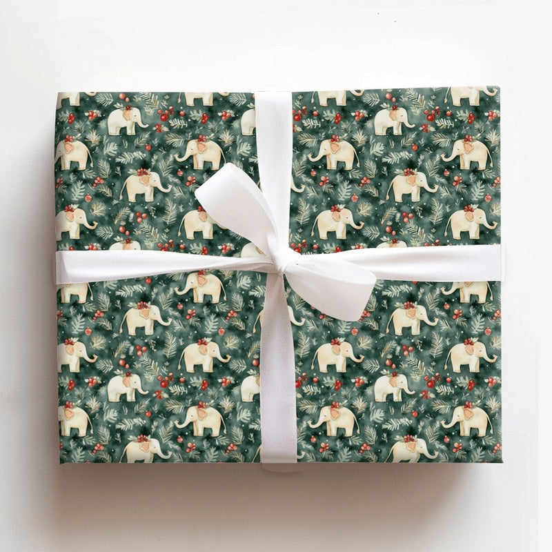 Pine Berries Elephant Gift Wrap, Watercolor Elephant Wrapping Paper, Christmas Elephant Wrapping Paper, Winter Animal Holiday Present Wrap