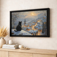 Winter Night Holiday Canvas Art, Black Cat Snowy Christmas Village Canvas, Festive Christmas Cat Canvas Print, Comfy Winter Scene Wall Decor