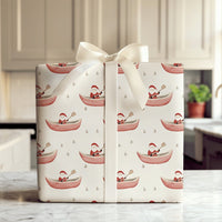 Watercolor Red Canoe Gift Wrap, Santa in Canoe Wrapping Paper, Winter Pine Tree Wrapping Paper, Whimsical Christmas Wrapping Paper Roll