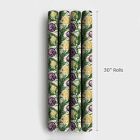Watercolor Holiday Pine Gift Wrap, Purple and Gold Ornament Christmas Wrapping Paper, Festive Baubles Wrapping Paper, Elegant Xmas Gift Wrap