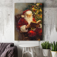 Vintage Oil Painting Reading by Christmas Tree Print, Santa Claus Canvas Wall Art, Festive Holiday Wall Decor, Nostalgic Xmas Canvas Present
