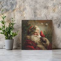Vintage Christmas Painting Canvas Print, Santa Claus Cardinal Canvas Wall Art, Holiday Wall Decor, Digital Download, Printable Canvas Art