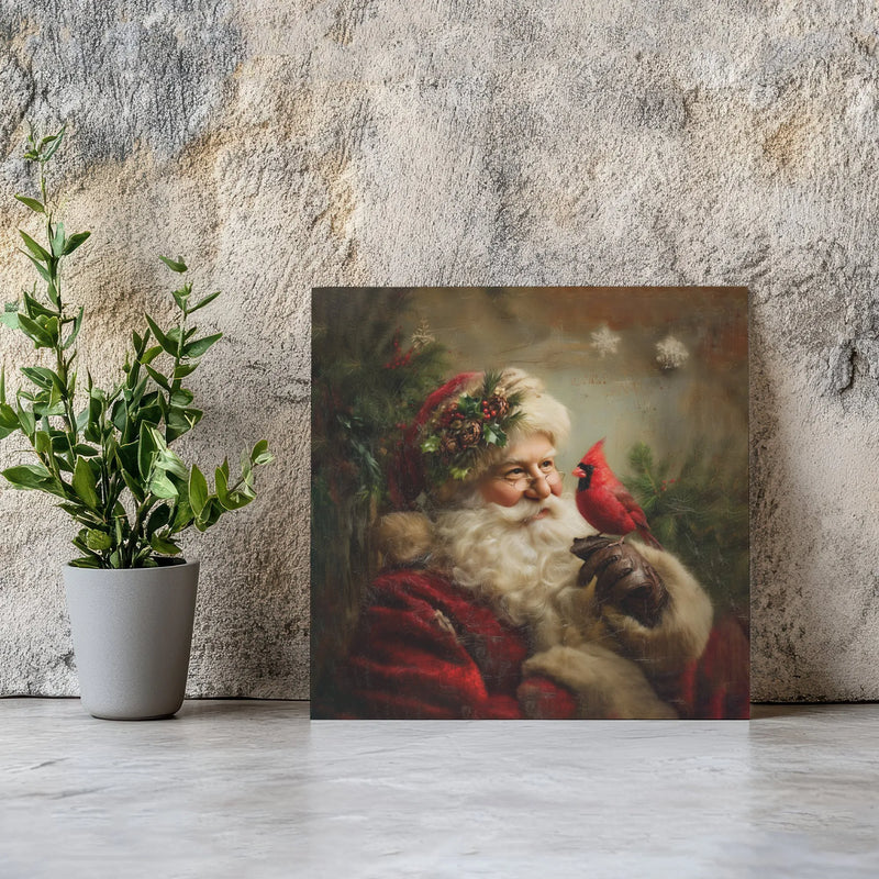 Vintage Christmas Oil Painting Art, Santa Claus Cardinal Bird Square Canvas, Santa Canvas Print, Holiday Wall Art Bird Lover Present