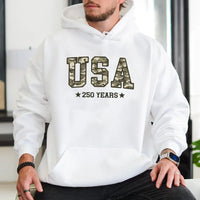 USA Camo Hoodie | Military Camouflage Typography 250 Years Design | Soft Cotton-Polyester Blend | Patriotic Gift for Veterans and Hunters