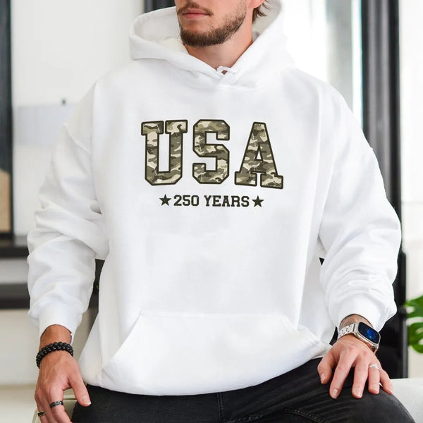 USA Camo Hoodie | Military Camouflage Typography 250 Years Design | Soft Cotton-Polyester Blend | Patriotic Gift for Veterans and Hunters