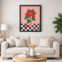 Modern Christmas Botanical Canvas, Pink Poinsettia Wall Art, Festive Checkerboard Poinsettia Print, Holiday Poinsettia Poster, Printable