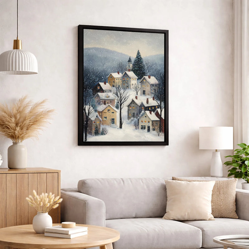 Snowy Mountain Village Print, Winter Village Canvas Wall Art, Christmas Town Landscape Art, Comfy Winter Village Digital Download