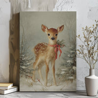 Snowy Forest Deer Holiday Print, Vintage Christmas Fawn Canvas Wall Art, Winter Baby Animal Nursery Decor, Farmhouse Poster