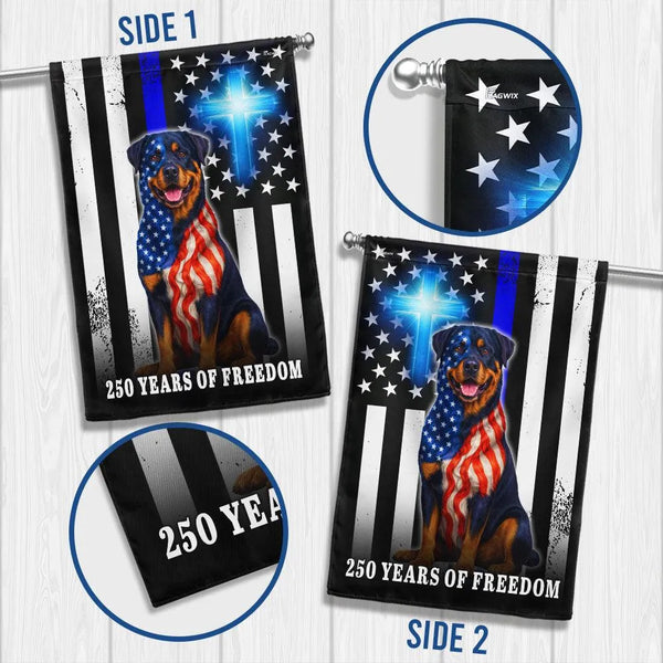 Rottweiler American Flag Garden Flag | Thin Blue Line 250 Years of Freedom | Double-Sided Polyester | Patriotic Christian Dog Decor Gift
