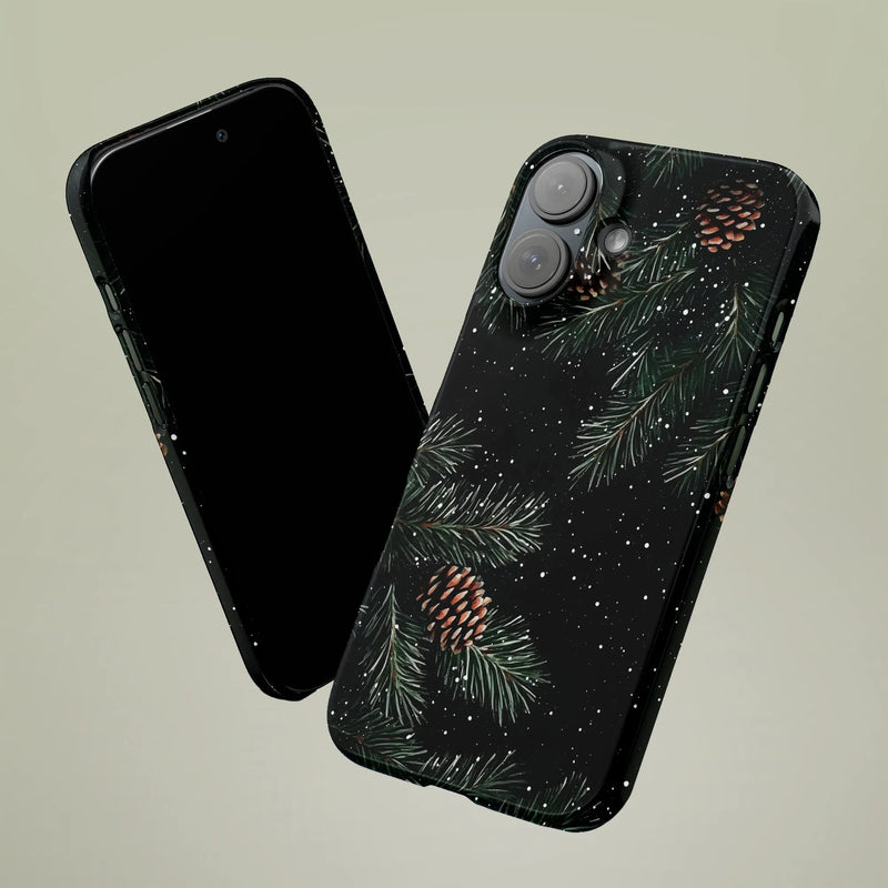 Winter Evergreen Branch Phone Case, Pine Cone iPhone Phone Case, Falling Snow Botanical Tough Cover, Nature Lover Christmas Present