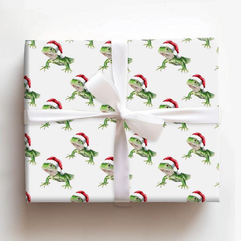 Santa Hat Lizard Gift Wrap, Iguana Christmas Wrapping Paper, Watercolor Reptile Wrapping Paper, Humorous Animal Holiday Wrapping Paper