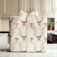 Pink Bow and Berry Branch Gift Wrap, Watercolor Reindeer Wrapping Paper, Rustic Holiday Deer Wrapping Paper, Elegant Christmas Gift Wrap