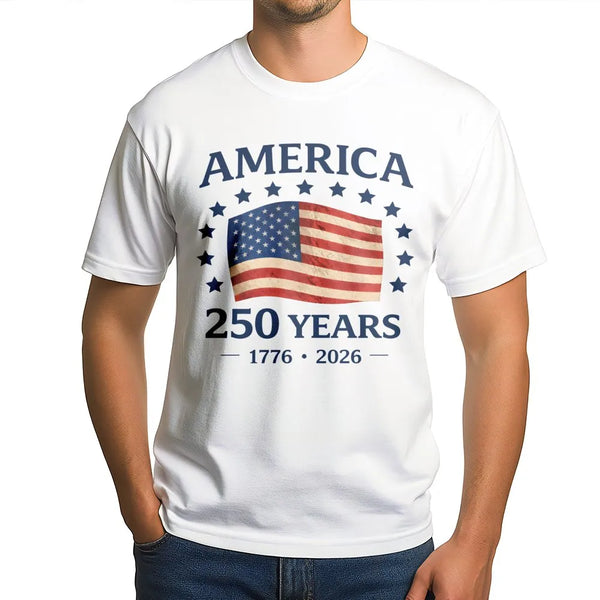 America 250 Years T-Shirt | Vintage American Flag 1776-2026 Graphic | 100% Soft Breathable Cotton | Patriotic Gift for History Lovers