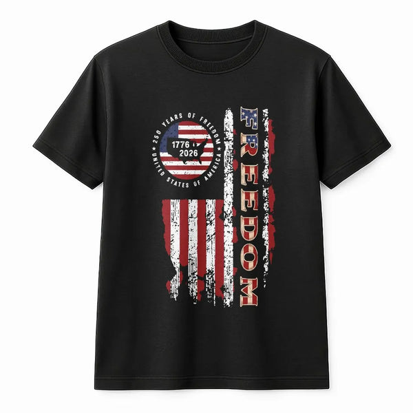 America 250 Years of Freedom T-Shirt | 1776-2026 USA Flag Graphic Design | Soft 100% Cotton Tee | Gift for Patriots and History Lovers