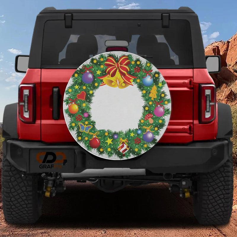 Festive Holiday Ornaments Tire Cover, Christmas Wreath Spare Tire Cover, Winter Xmas Spare Tire Cover, Holiday Jeep Bronco SUV Present