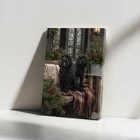 Holiday Doodle Dog Wall Art, Black Doodle Dogs Christmas Porch Canvas, Festive Plaid Farmhouse Canvas Print