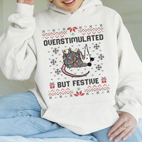 Humorous Possum Christmas Hoodie, Overstimulated but Festive Opossum Hoodie, Ugly Sweater Style Opossum Hoodie, Adorable Animal Lover Present