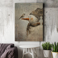 Winter Forest Bird Canvas Print, Rustic Snowman Canvas Wall Art, Whimsical Farmhouse Holiday Canvas Decor, Comfy Seasonal Christmas Present