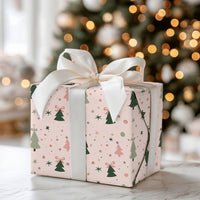 Whimsical Holiday Tree Gift Wrap, Pink and Green Christmas Wrapping Paper, Bows Stars Wrapping Paper, Pastel Xmas Gift Wrapping Paper
