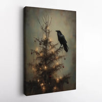Dark Academia Holiday Canvas Print, Gothic Raven Christmas Tree Canvas Wall Art, Moody Winter Bird Canvas Art, Spooky Christmas Wall Decor
