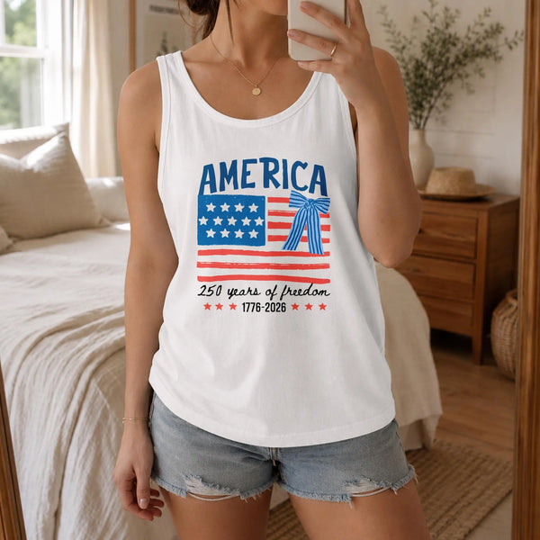 America250th Anniversary Tank Top | Coquette Bow American Flag 250 Years of Freedom 1776-2026 | Soft Breathableveless Top | Patriotic Gift for Her