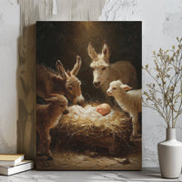 Baby Jesus with Animals Christmas Canvas, Nativity Scene Canvas Wall Art, Holy Nativity Canvas Print, Religious Winter Holiday Wall Decor
