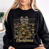 Rustic Leopard Bow Holiday Pullover, Merry Christmas Camo Tree Sweatshirt, Farmhouse Xmas Tree Crewneck, Adorable Winter Season Camo Sweater