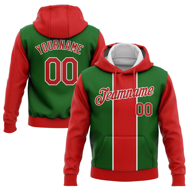 Kelly Green Red White 3D Holiday Hoodie, Custom Christmas Sports Hoodie, Personalized Name and Number Sweatshirt, Team Fan Pullover Present