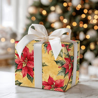 Vintage Christmas Floral Gift Wrap, Red Poinsettia Wrapping Paper, Botanical Holly Berry Present Wrap, Holiday Winter Gift Wrapping Paper