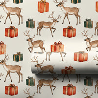 Woodland Deer and Presents Gift Wrap, Watercolor Reindeer Wrapping Paper, Rustic Christmas Deer Wrapping Paper, Holiday Gift Wrap Roll